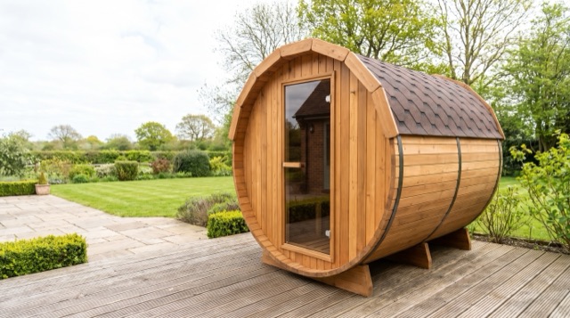 Outdoor barrel sauna — dusk blog hero
