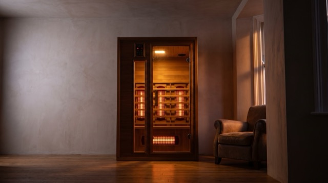 Indoor infrared sauna — evening homepage hero