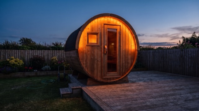 Outdoor barrel sauna — dusk blog hero