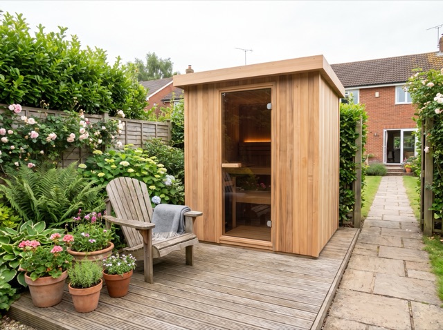 Outdoor sauna — daytime garden room-set